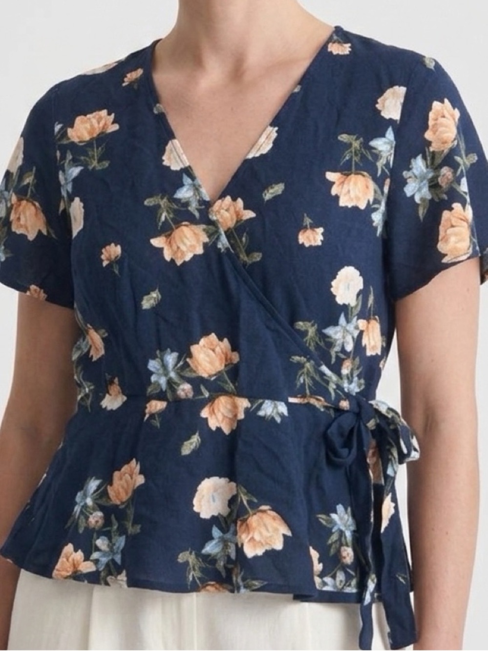 Elodie | Navy Floral Peplum Wrap Top Tie-Waist Flutter Sleeves